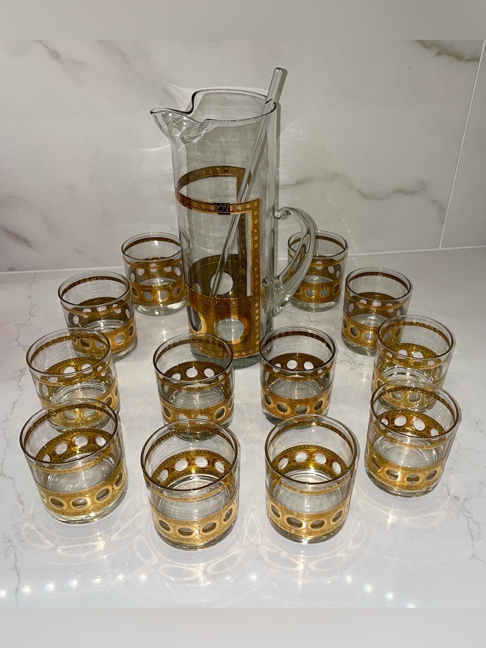 Vintage Culver Antigua Martini Pitcher and Glasses Antique Gold Crackle 13 Piece